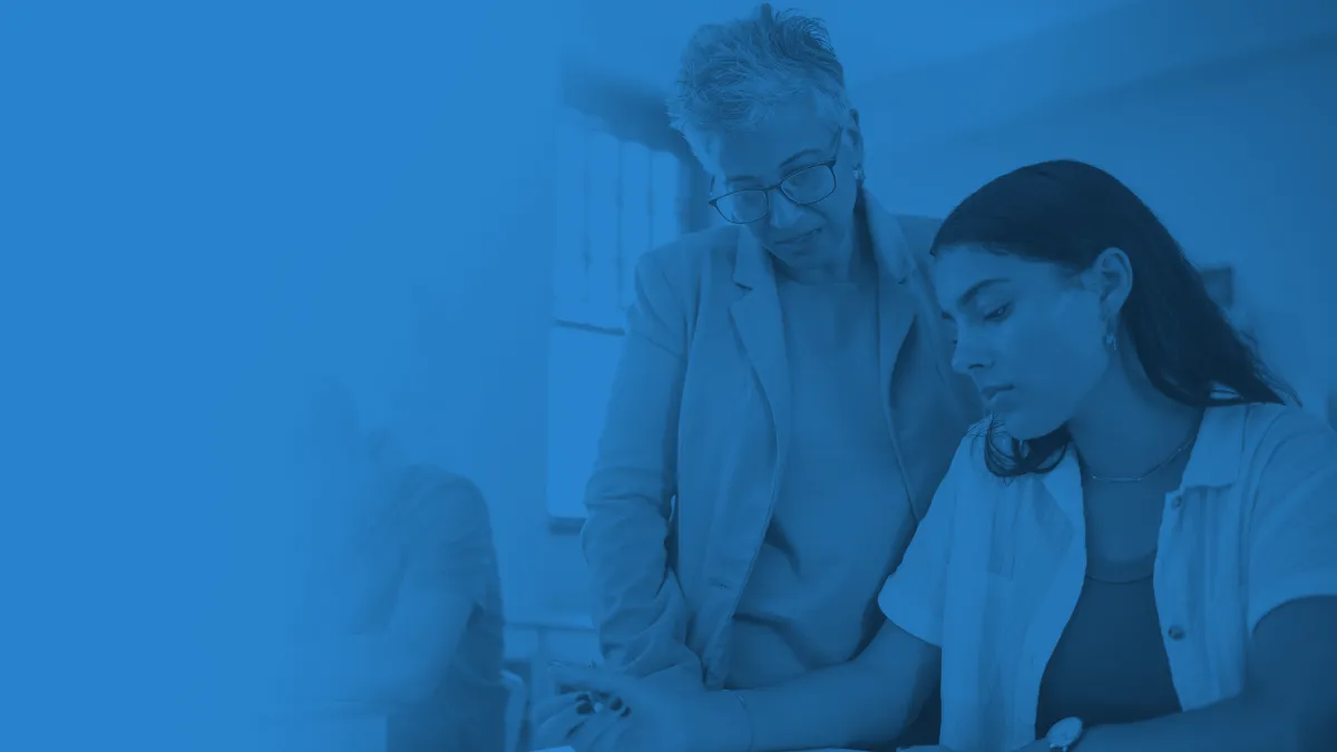 A photo illustration of a teacher and student