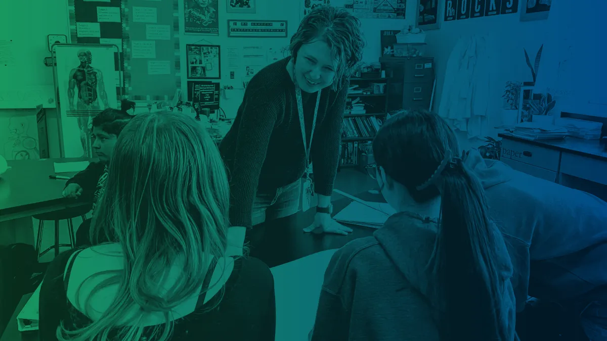 A photo illustration of an educator and students