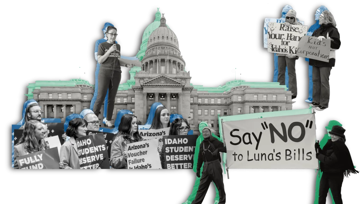 A collage of action images with colored backgrounds, including the Idaho State Capitol, educators at a rally, etc. 