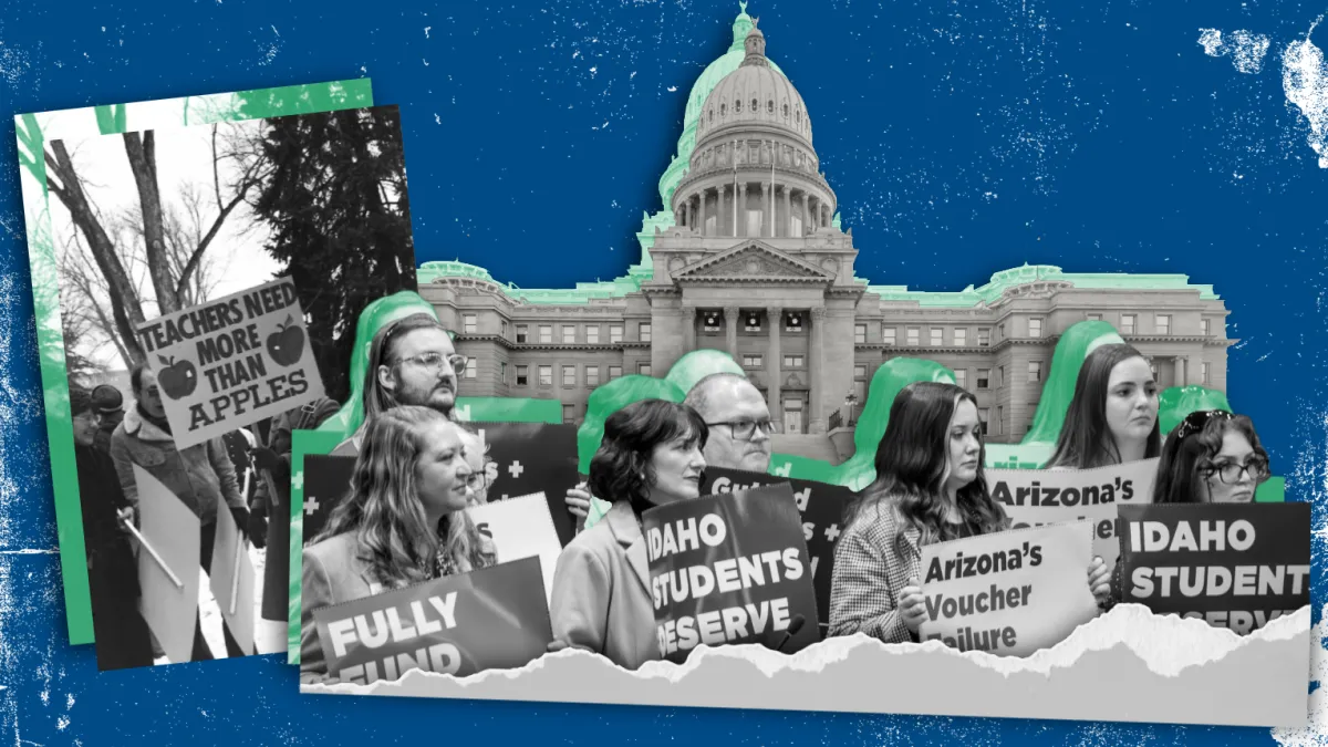 Collage of photos with people holding signs, capitol building, star bursts, etc.