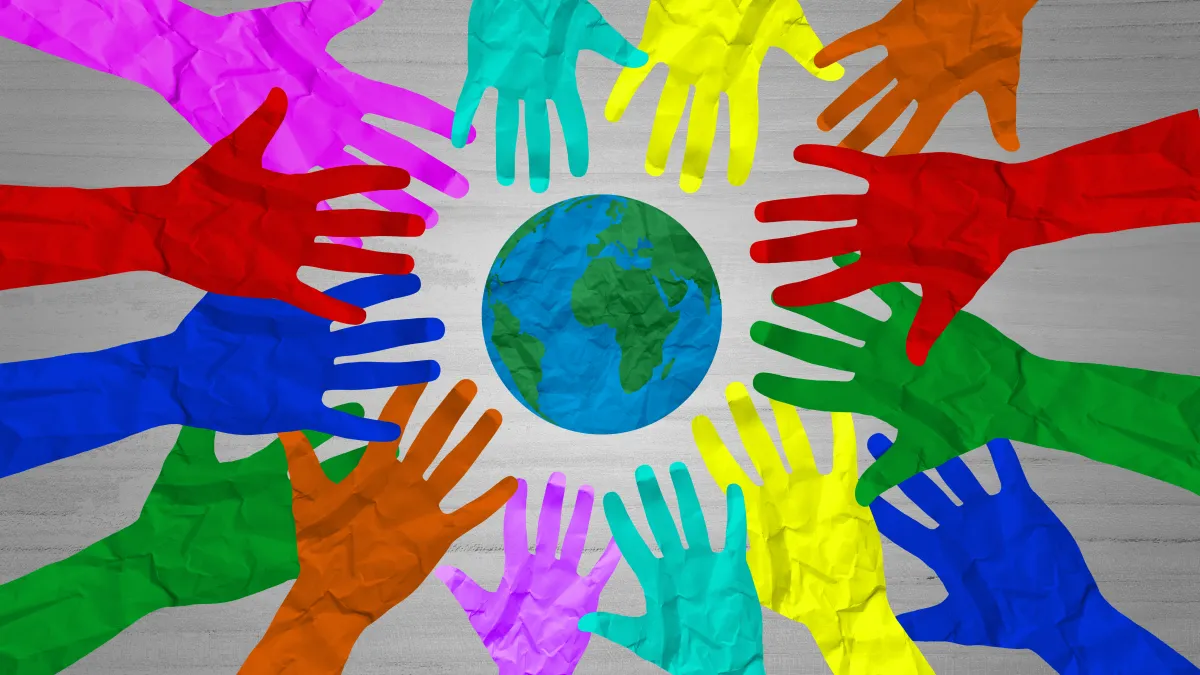 Graphic depiction of a rainbow of hands surrounding the world