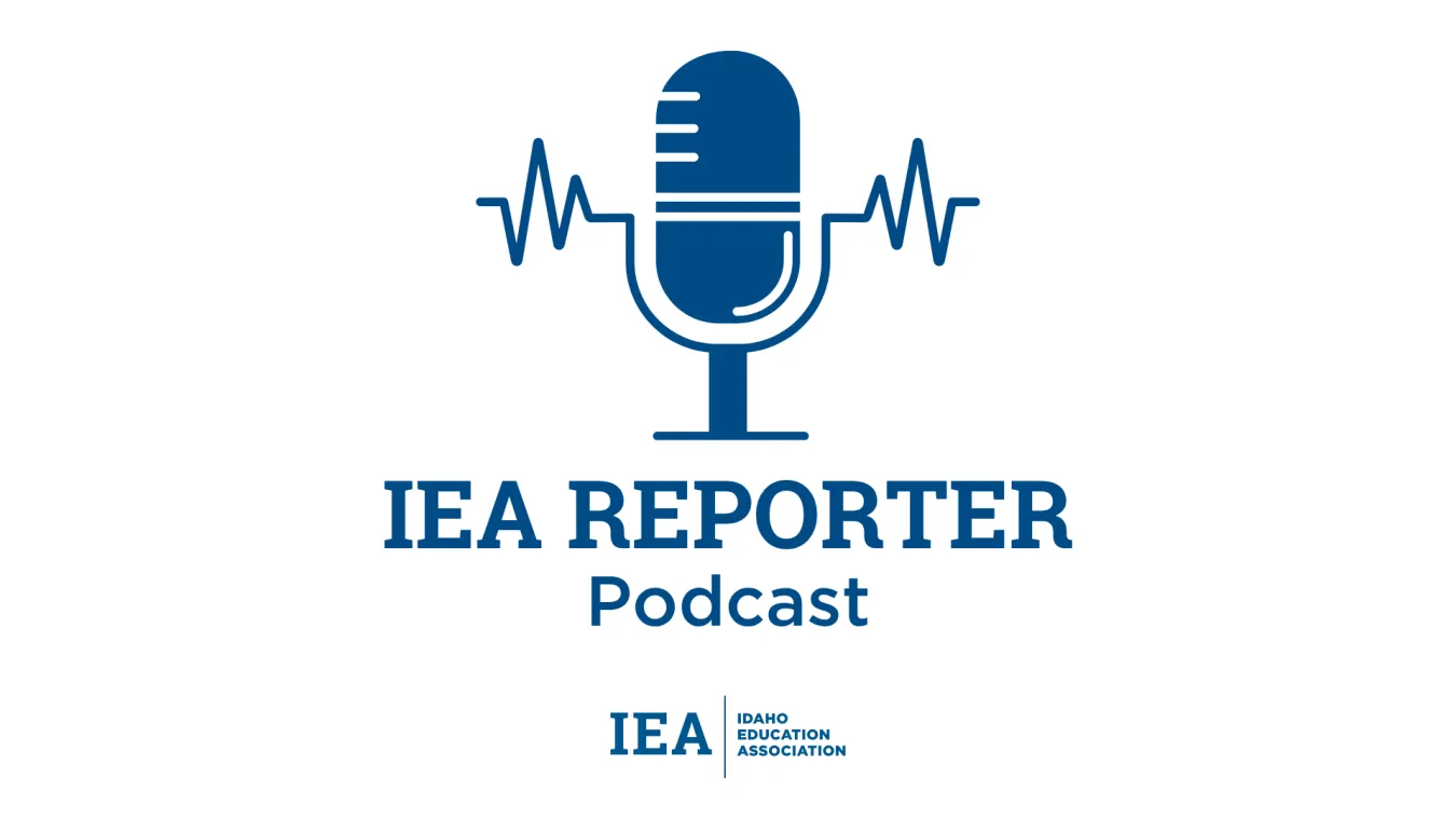 iea reporter podcast logo with blue microphone and sound wave graphics