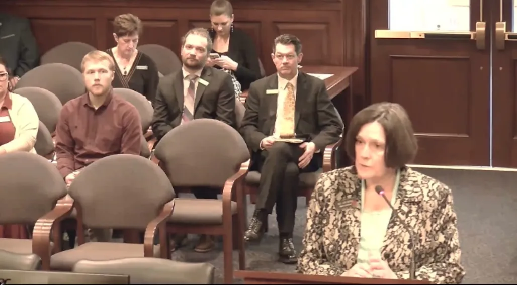 A woman stands in a committee room at a podium and speaks. 