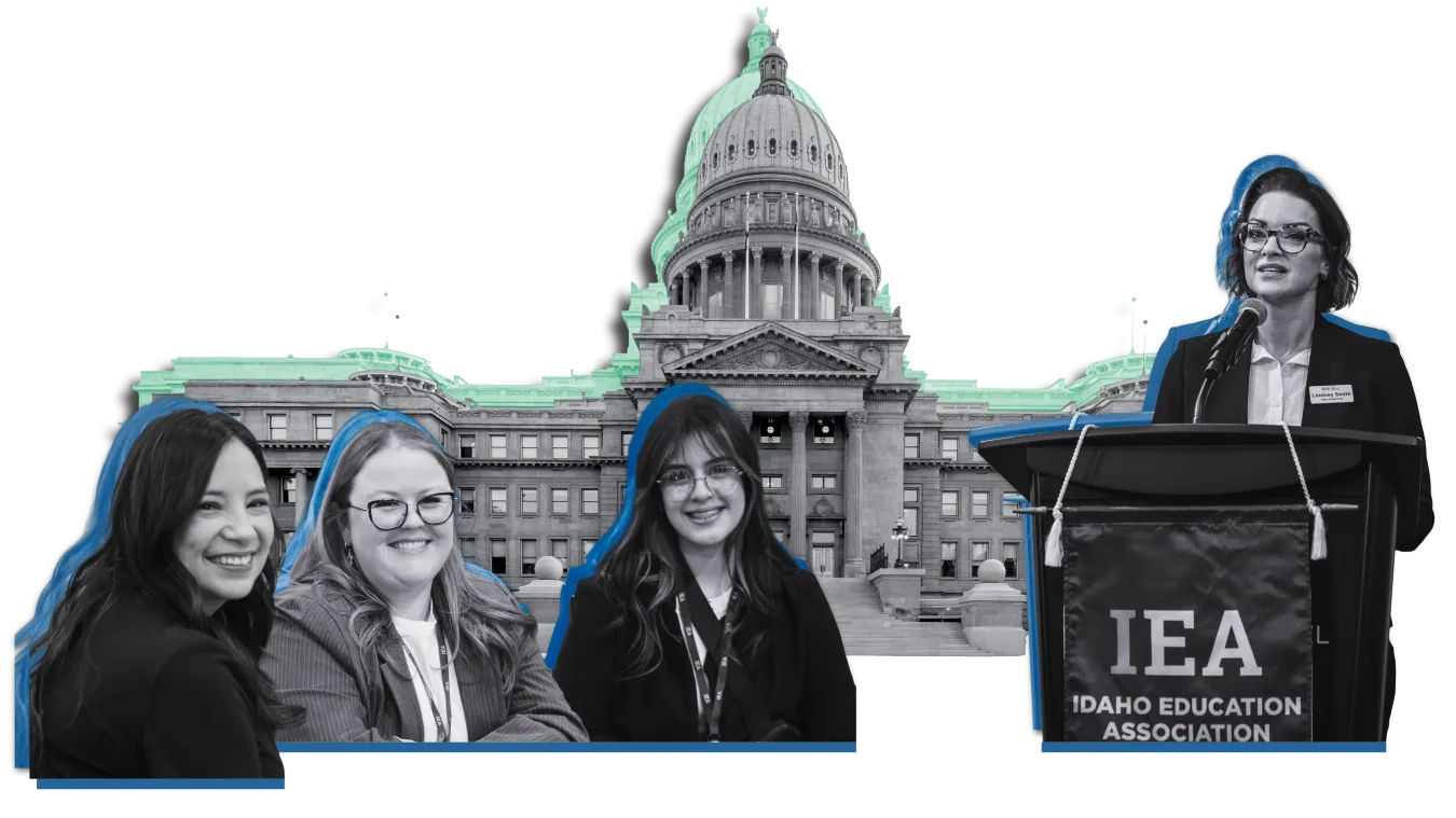 A collage of action images with colored backgrounds, including the Idaho State Capitol, educators at a rally, etc. Transparent background.