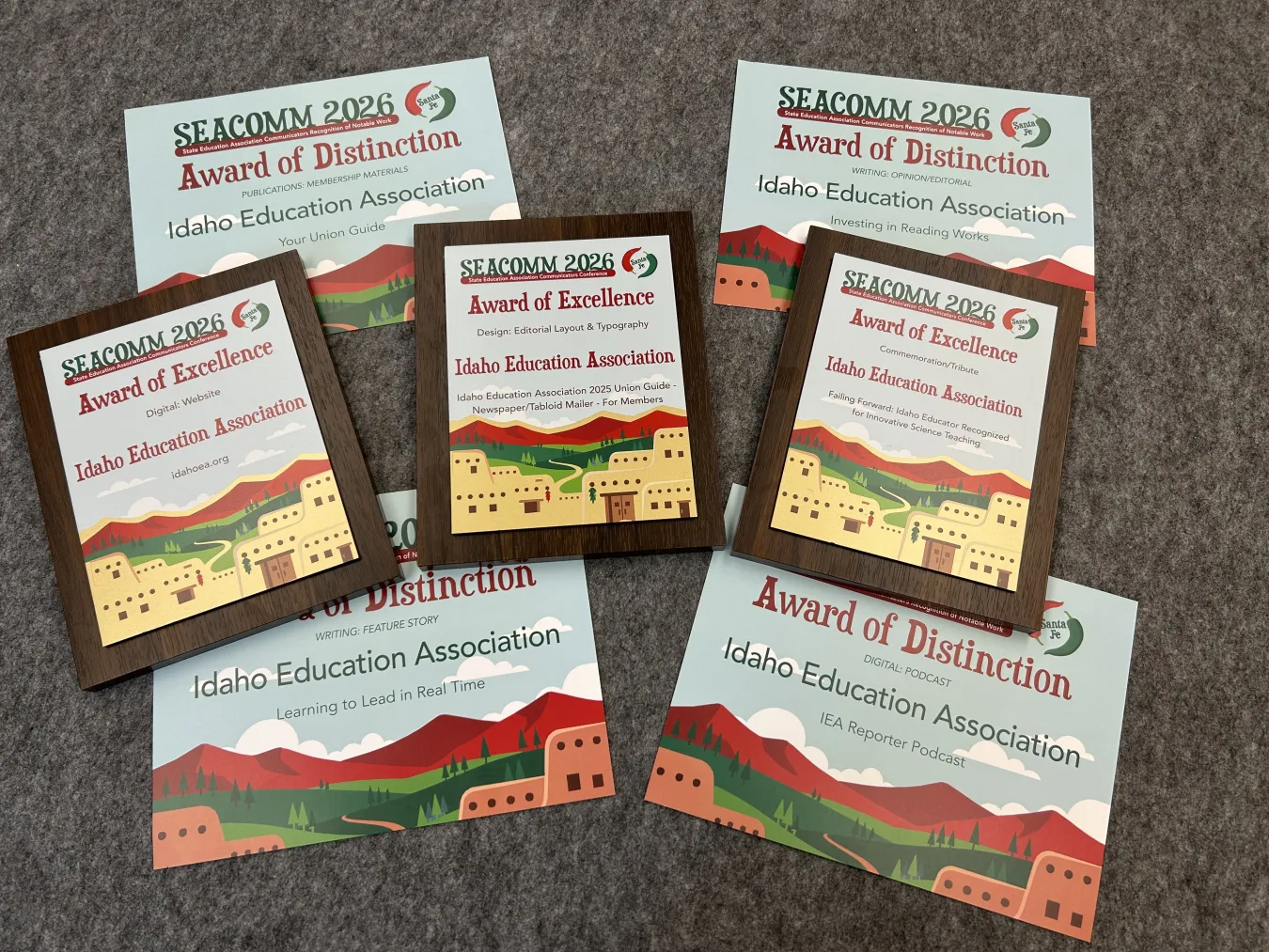 A grouping of seven award plaques