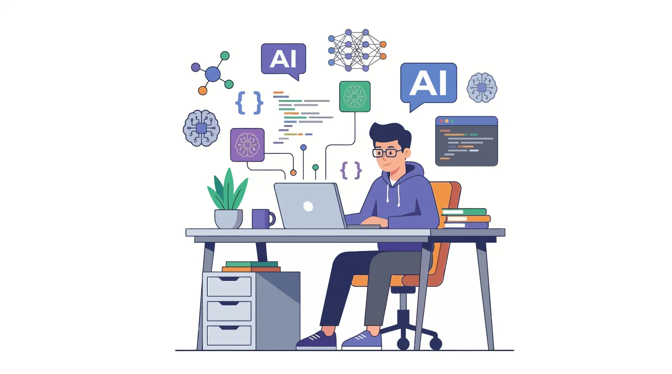 A graphic illustration of a student using a computer