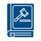 A book with a gavel is shown in blue. 