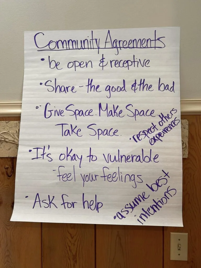 A white poster with community agreements tacked to a wall