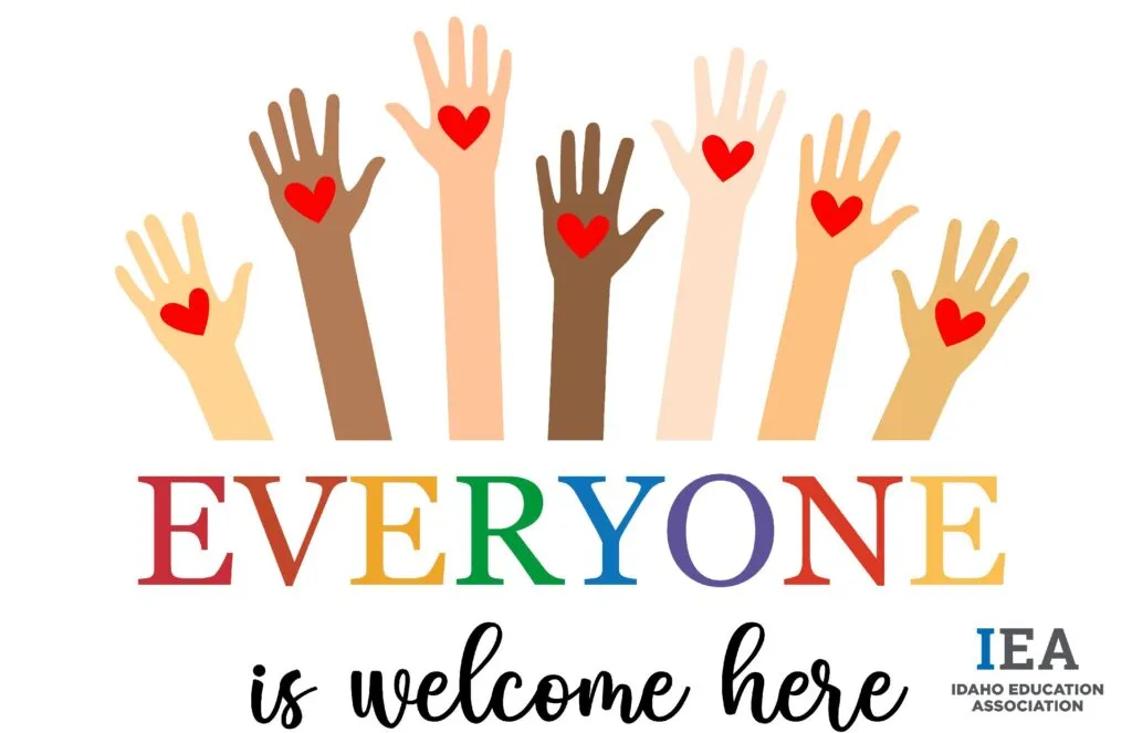 A poster with many hands of different skin tones that says Everyone Is Welcome Here