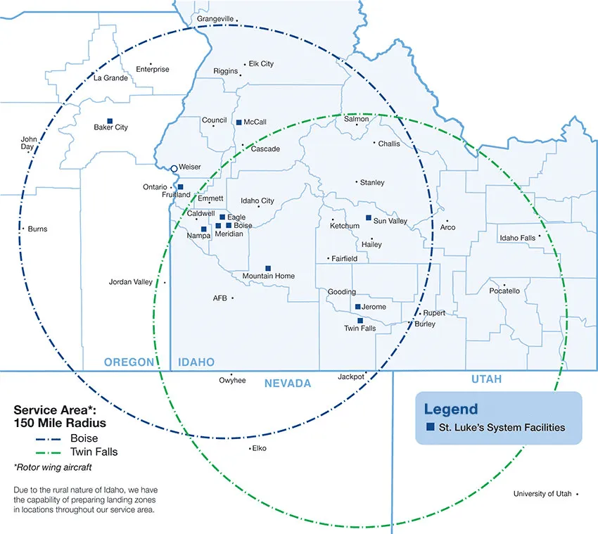 A map showing the approximately 150 mile radius from St. Luke's their bases in Boise and Twin Falls.
