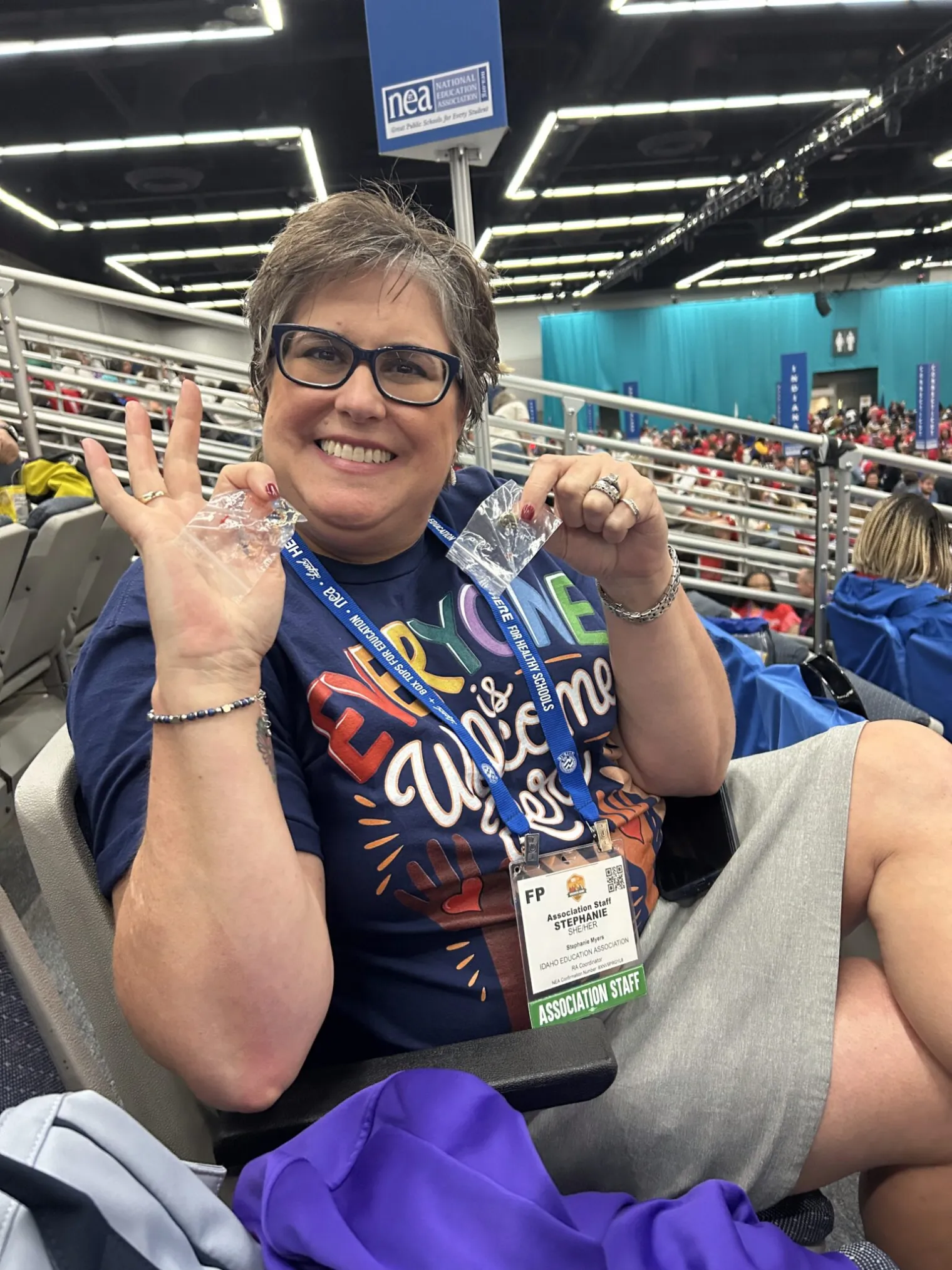 A woman displays her flair from a conference