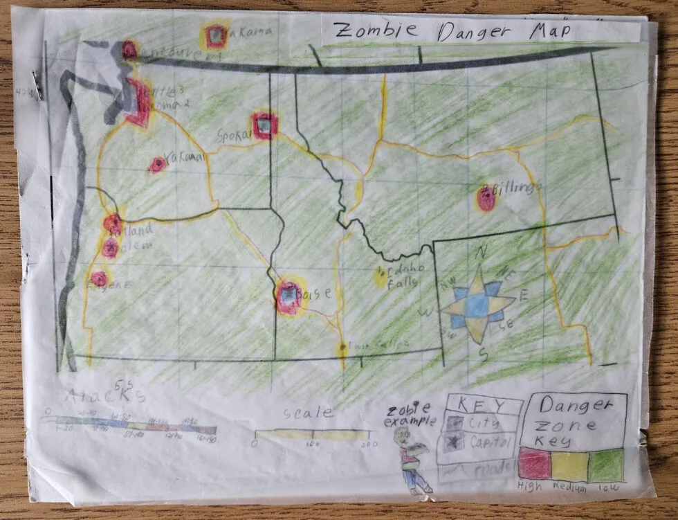 A student's map tracing the "zombie apocalypse" outbreak