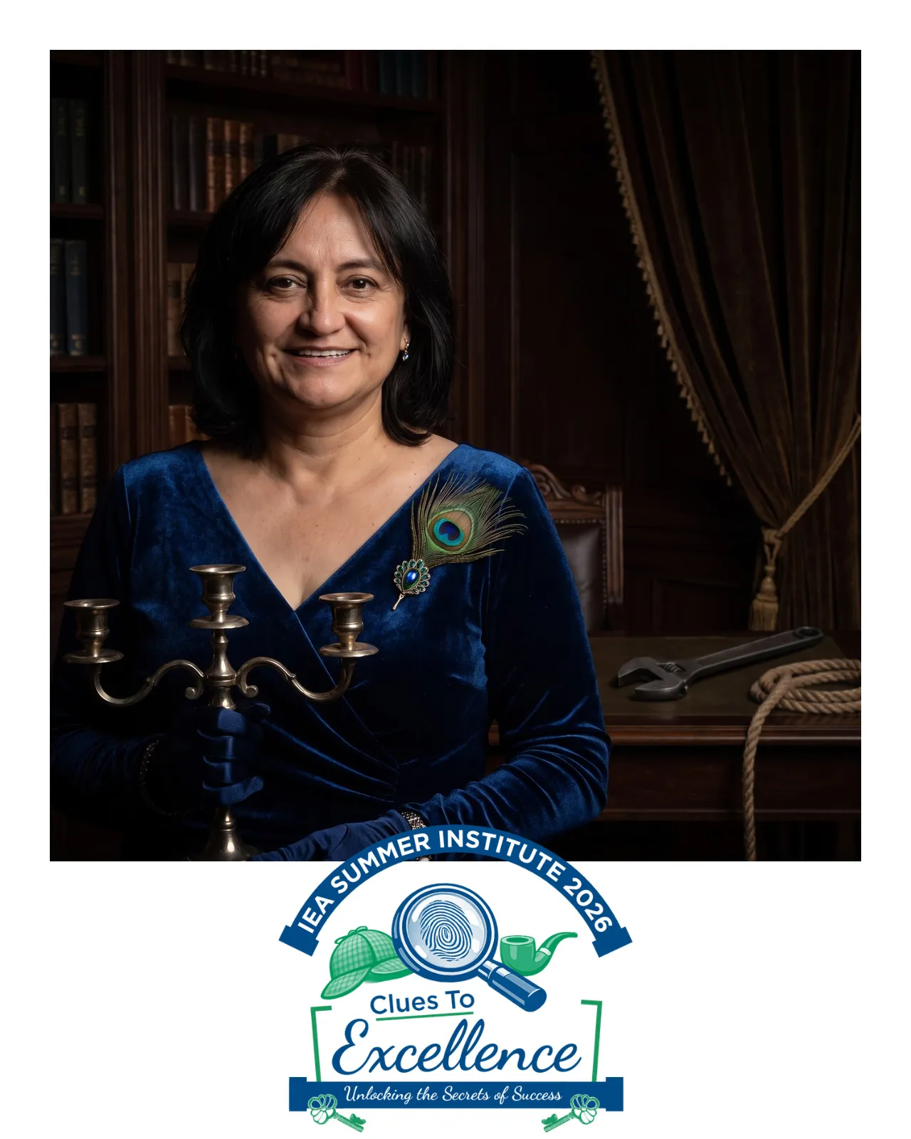 An AI-enhanced photo of a woman wearing a blue velvet dress and holding a candelabra