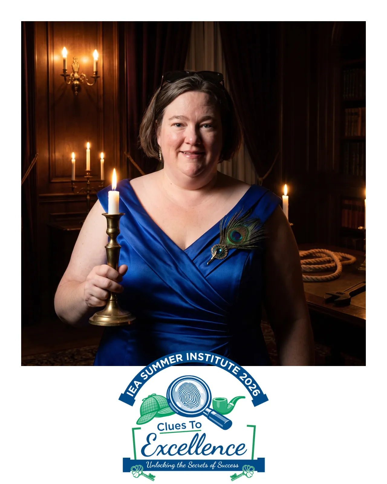 An AI-enhanced photo of a woman wearing a blue satin dress and holding a candlestick
