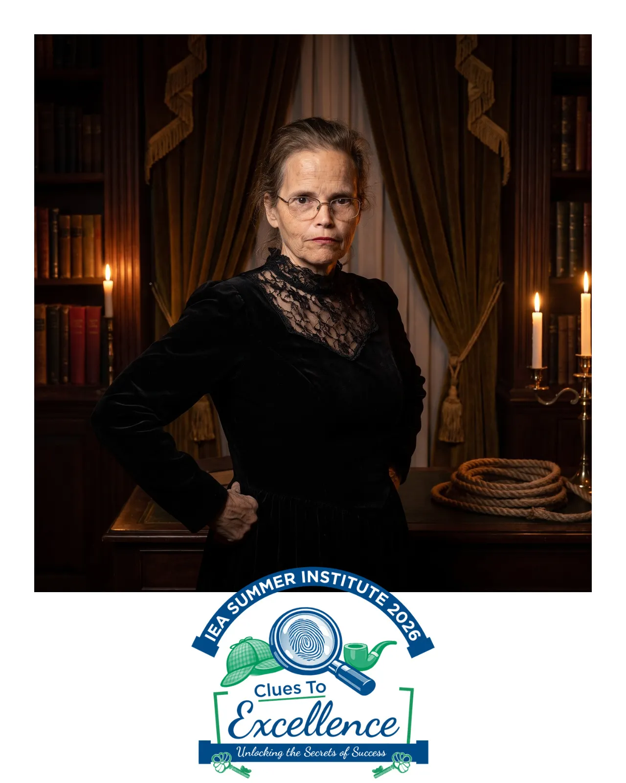 An AI-enhanced photo of a woman wearing glasses and a black dress