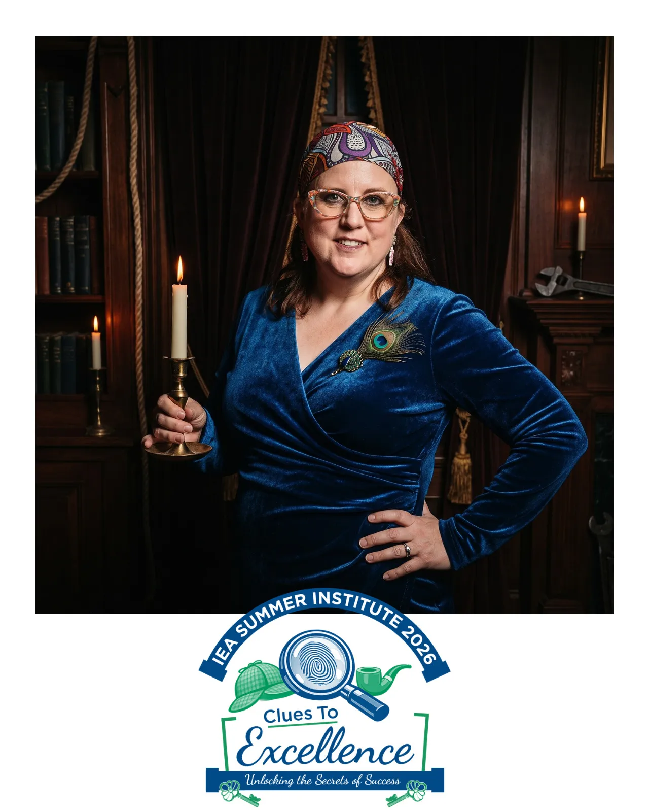 An AI-enhanced photo of a woman in a blue vlevet dress holding a candlestick