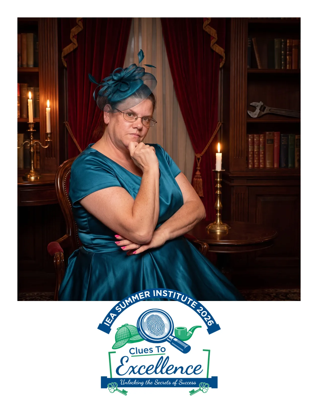 An AI-enhanced photo of a woman wearing a blue satin dress and matching fascinator