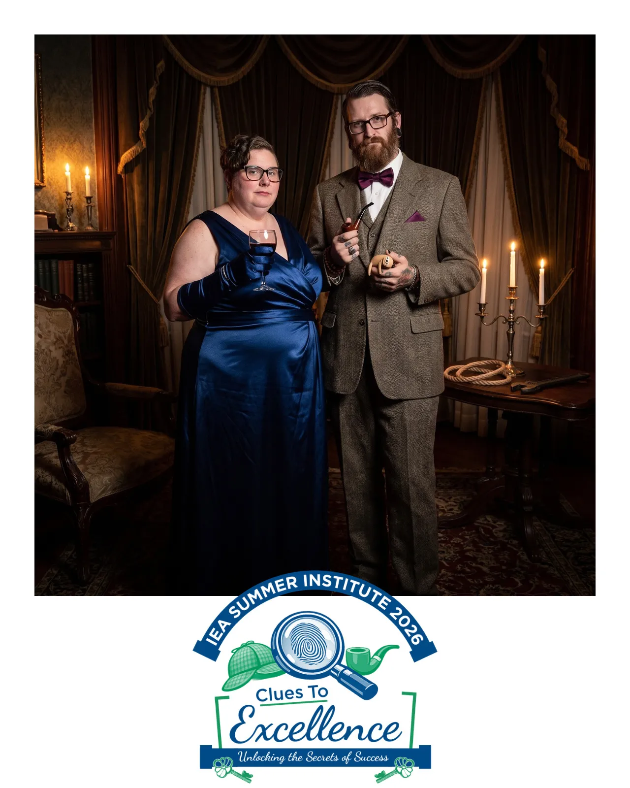 An AI-enhanced photo of a woman in a sleeveless blue satin dress and a man in a tan suit
