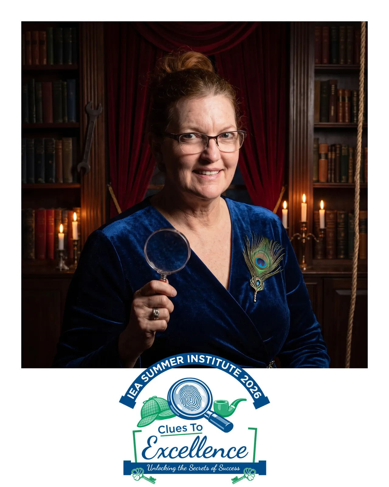 An AI-enhanced photo of a woman in a blue satin dress and holding a magnifying glass