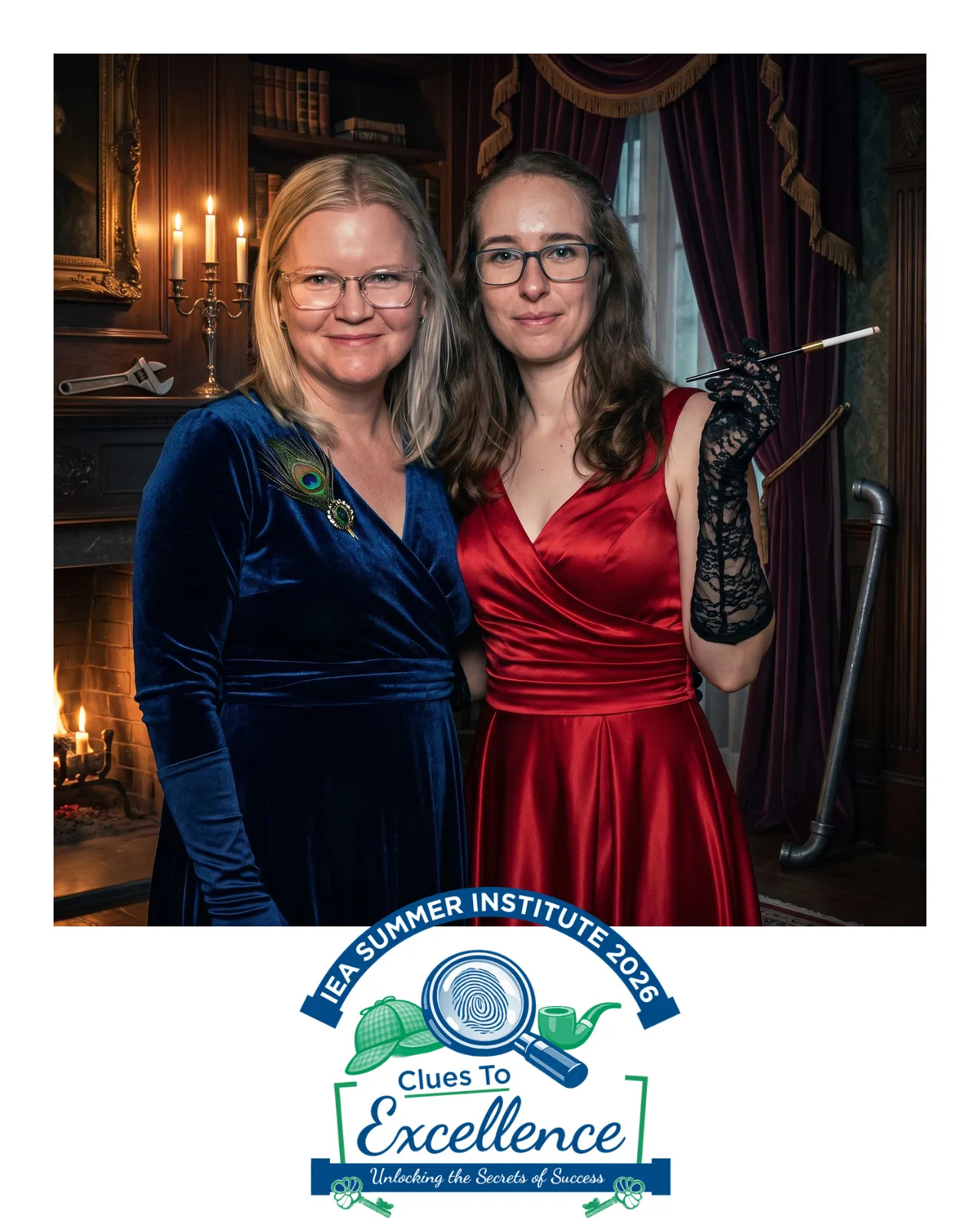 An AI-enhanced photo of a woman in blue velvet dress standing next to a woman in a red satin dress