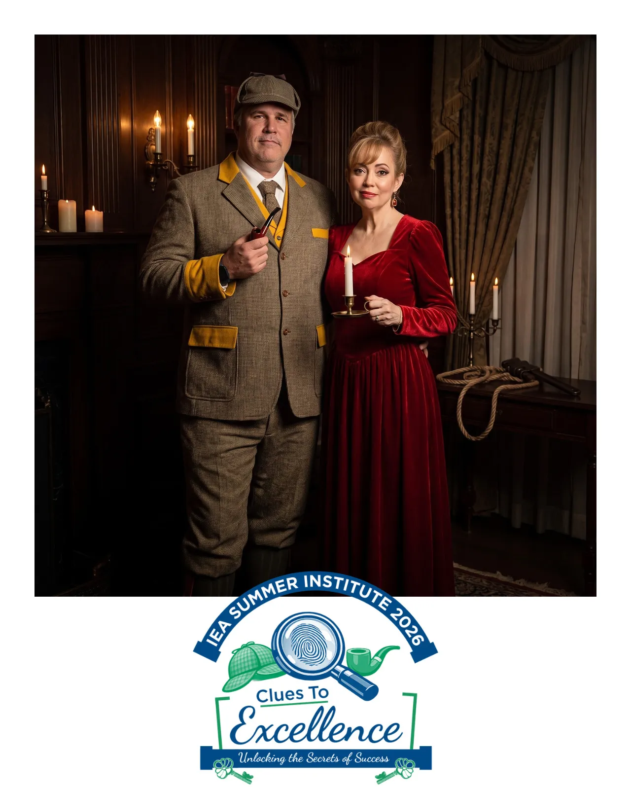 An AI-enhanced photo of a woman in a red velvet dress and a man in a sports coat and cap