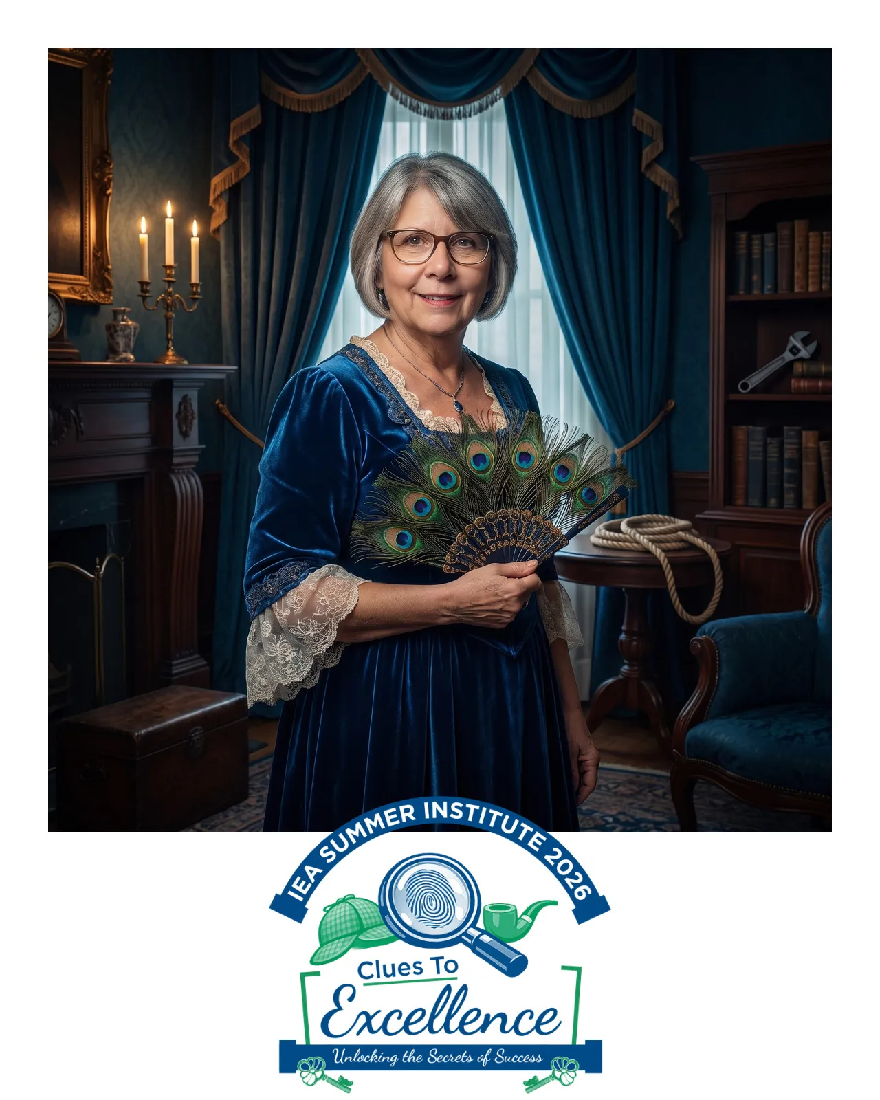 An AI-enhanced photo of a woman in a blue velvet dress with lace trim with a peacock fan