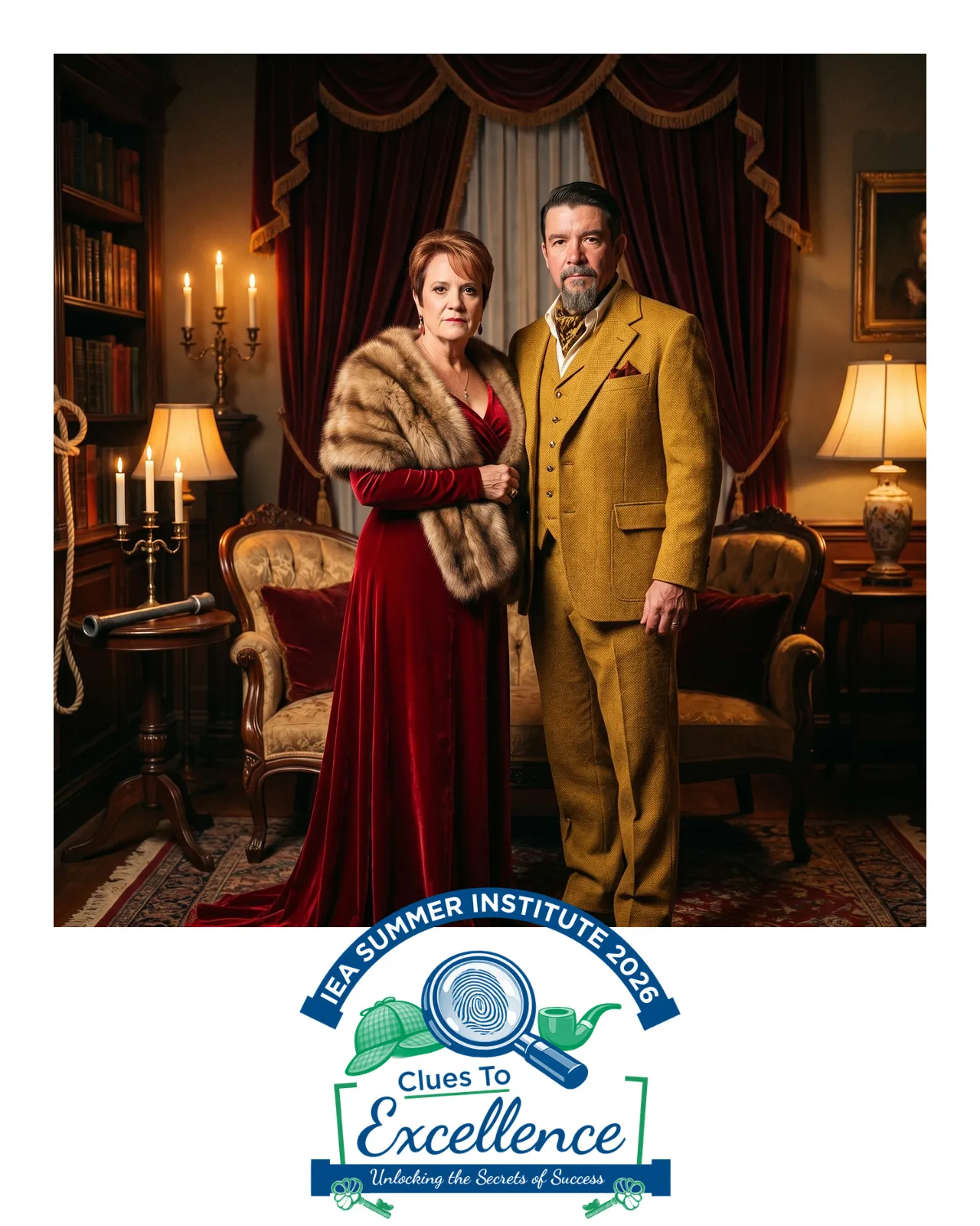 An AI-enhanced photo of a woman in a red dress and fur stole and a man in a mustard-colored suit