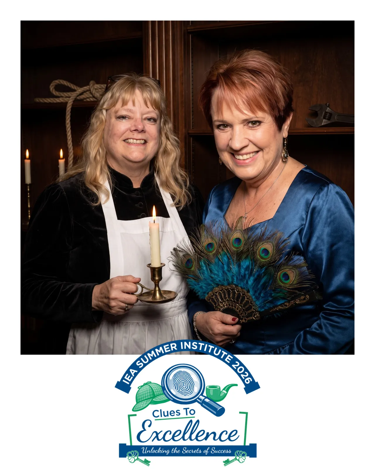 An AI-enhanced photo of a woman in a maid's outfit holding a candle and a woman in a blue satin dress holding a peacock fan