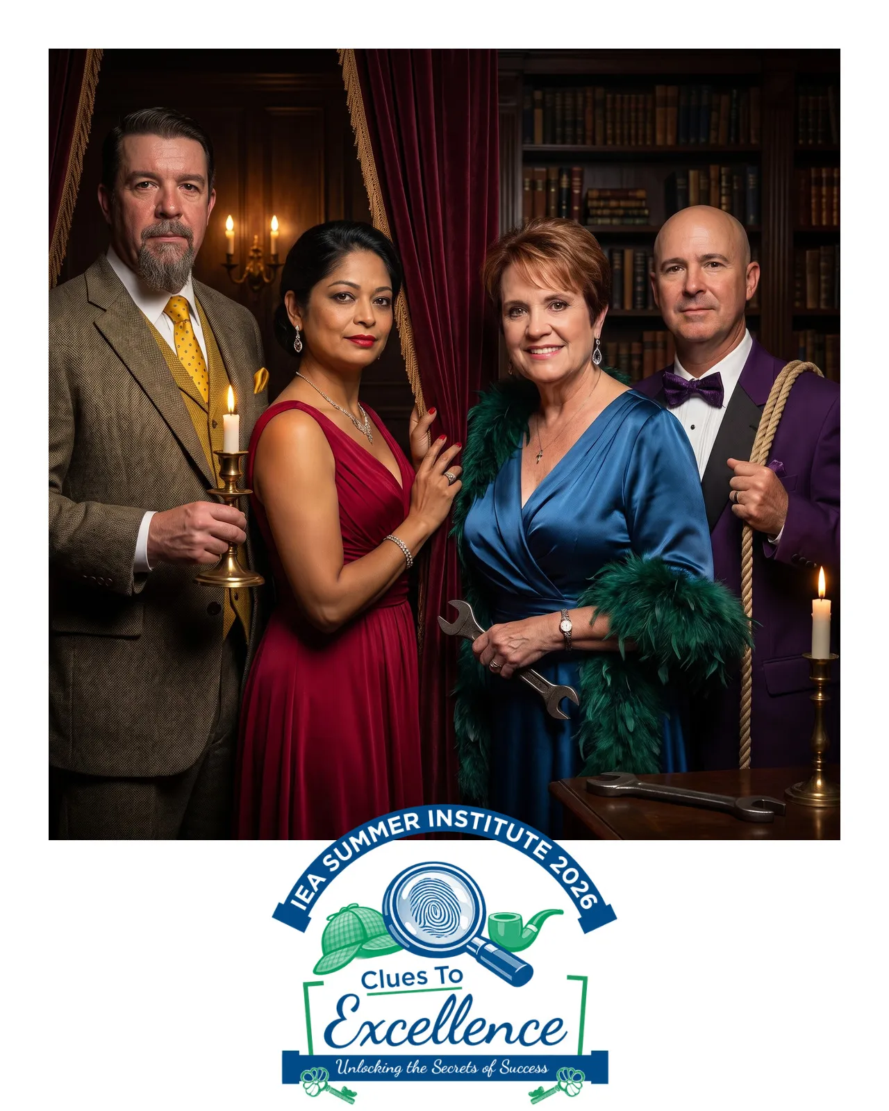 An AI-enhanced photo of two women and four men in a dark mansion setting