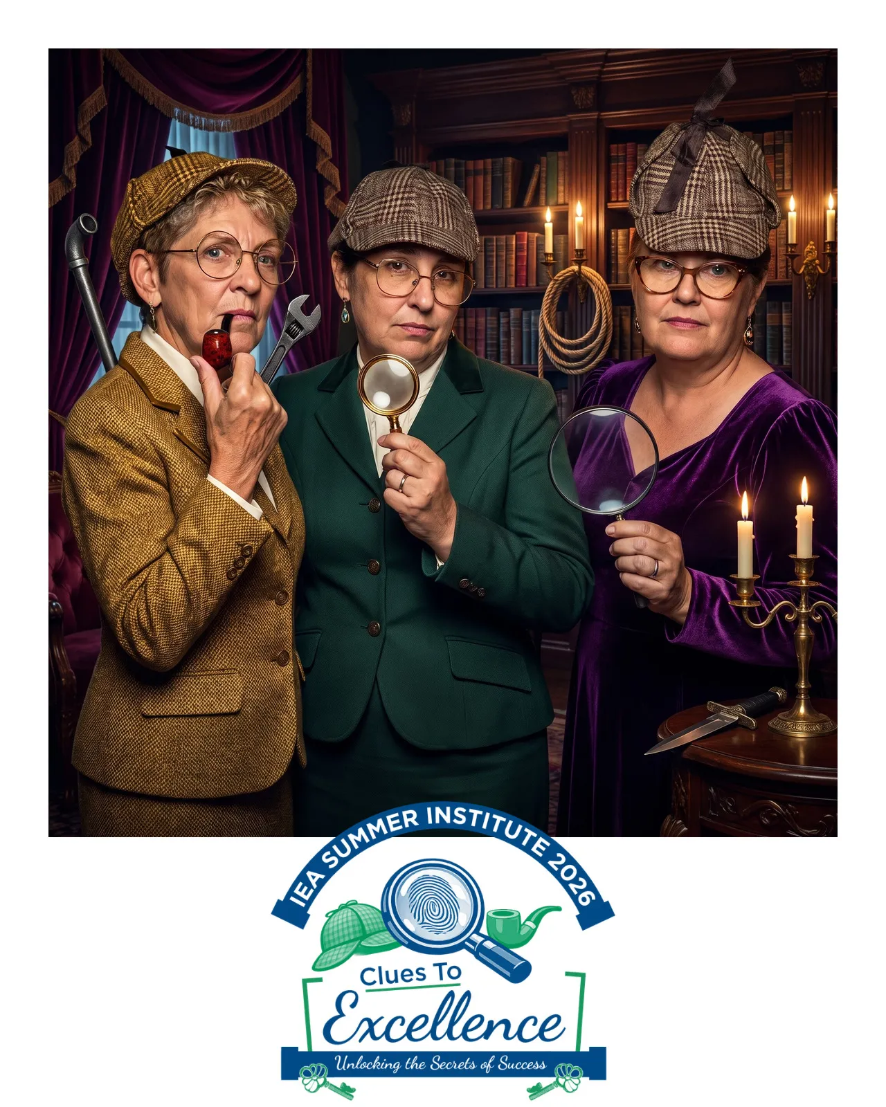 An AI-enhanced photo of three people dressed as detectives