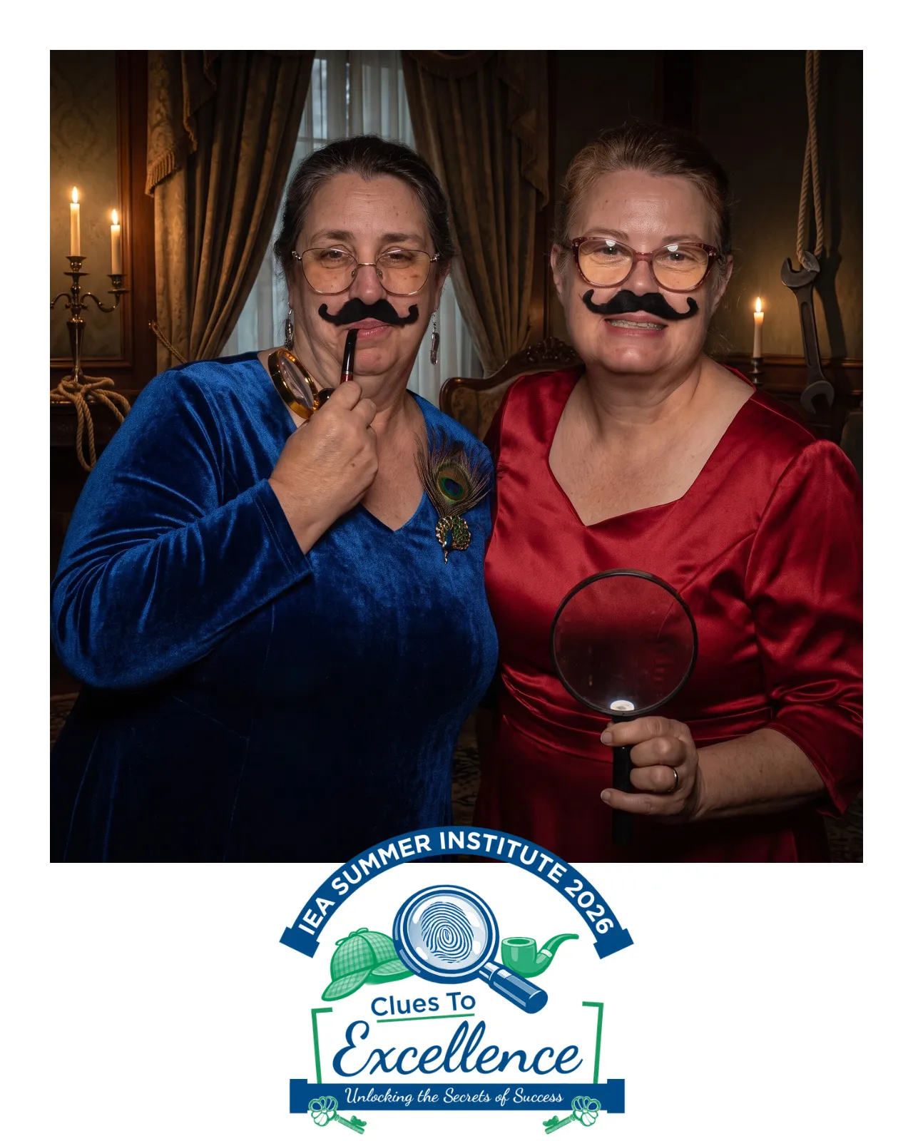 An AI-enhanced image of a woman in a velvet dress holding up a fake mustache and a woman in a satin dress wearing a fake mustache