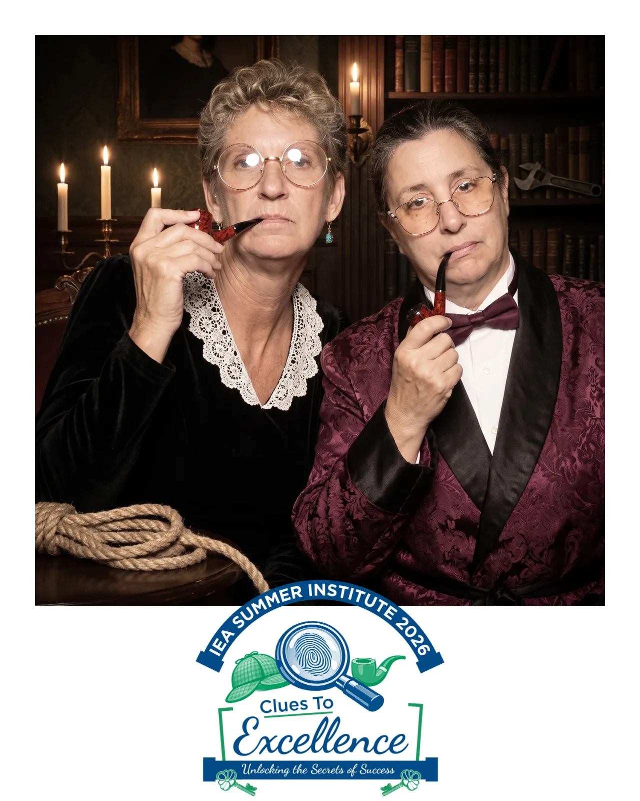 AI-enhanced photo of a woman dressed as a maid and smoking a pipe and a woman dressed in a plum smoking jacket smoking a pipe