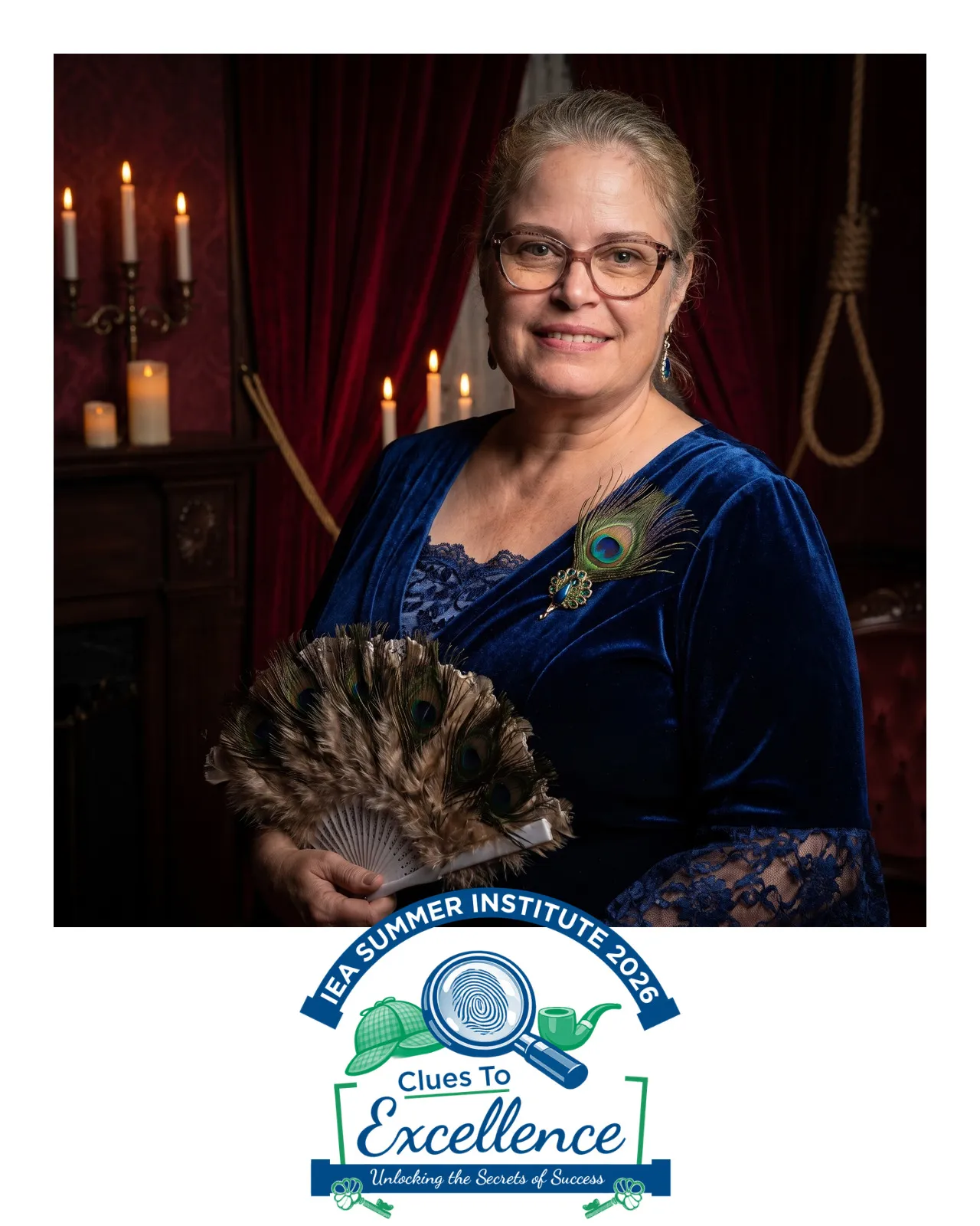 AI-enhanced photo of a woman wearing a blue velvet dress and holding a peacock feather fan