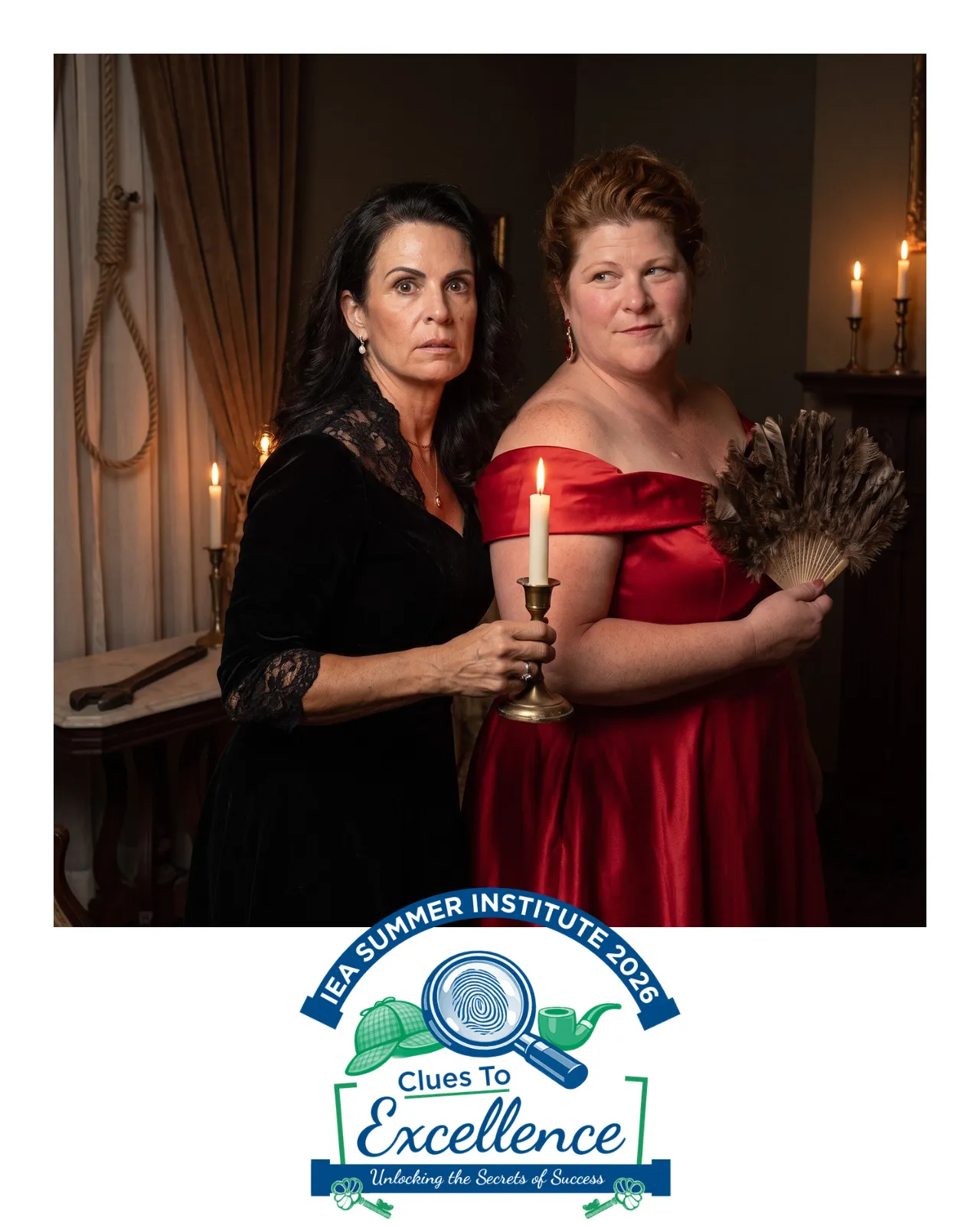 AI-enhanced photo of a woman in black holding a candle and a woman in a red satin dress holding a fan