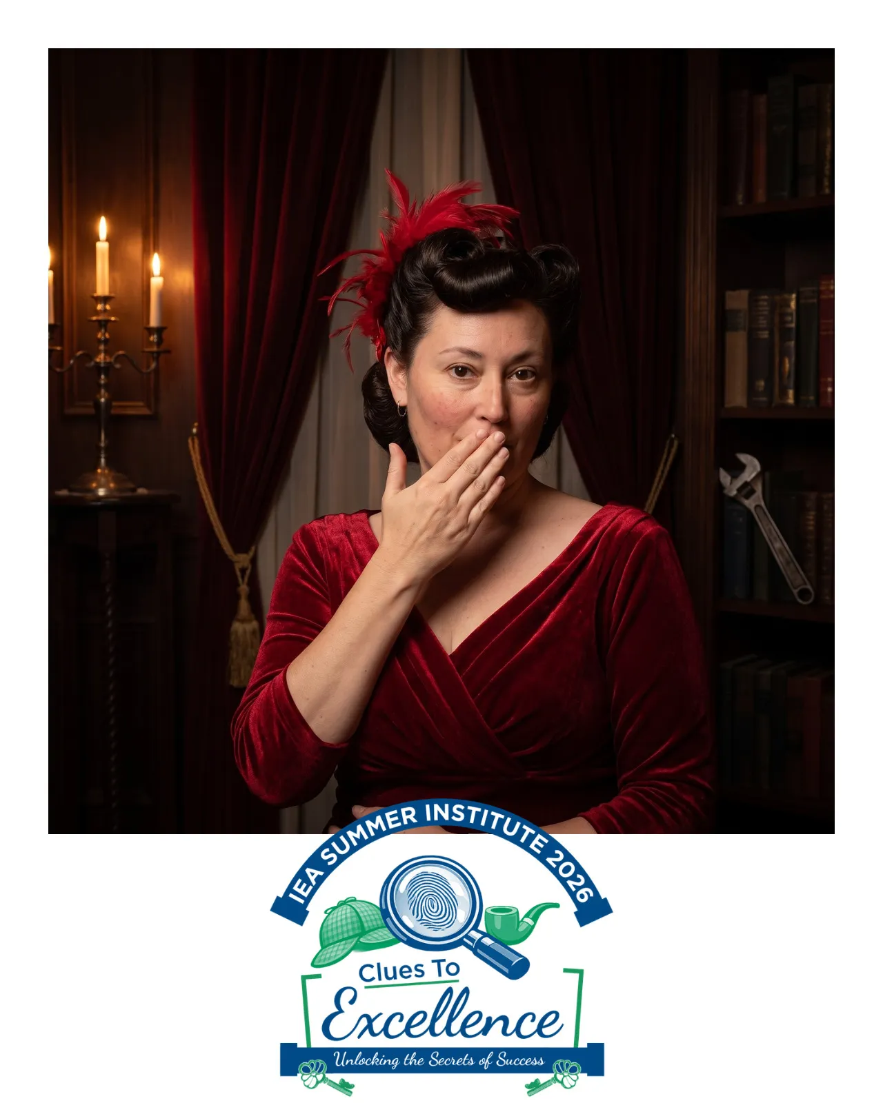 AI-enhanced photo of a woman in a red velvet dress and matching fascinator