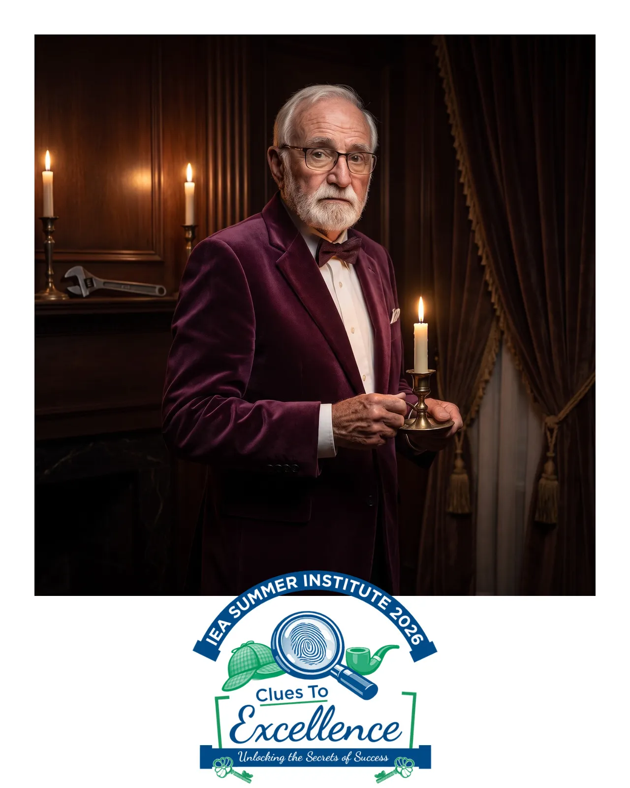 AI-enhanced photo of a bearded man wearing a plum tuxedo and holding a candle