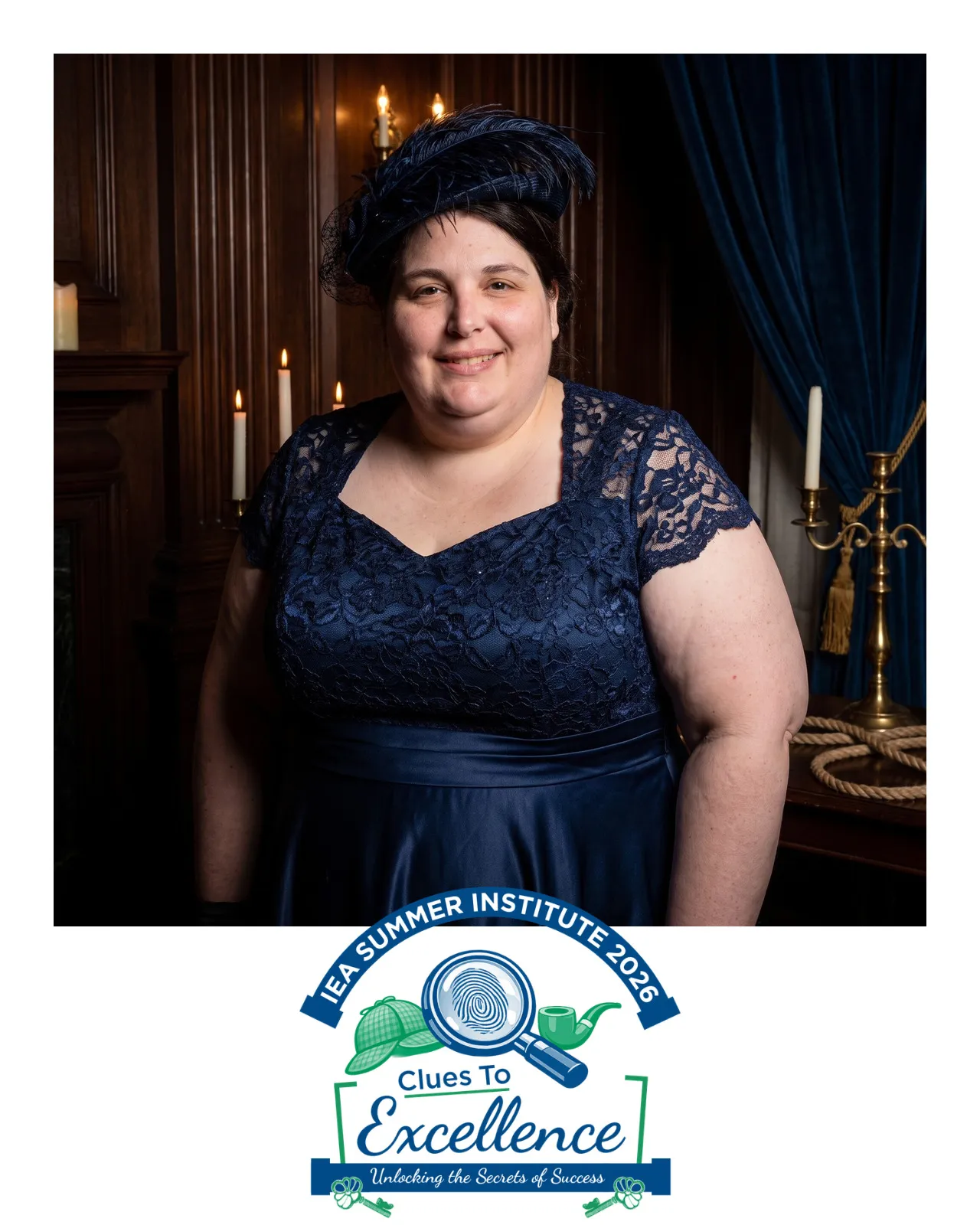 AI-enhanced photo of a woman in a blue satin dress and matching hat