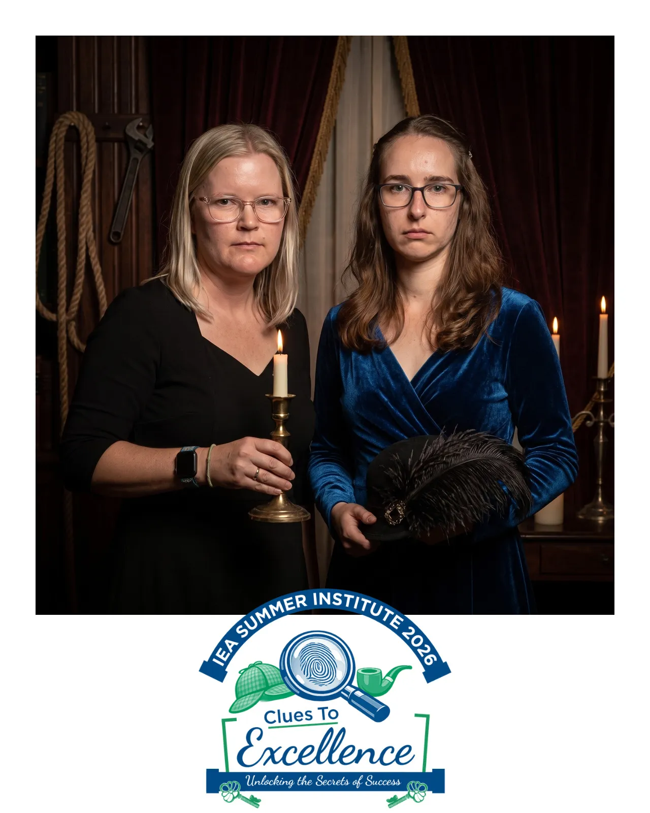 AI-enhanced photo of a woman in black holding a candlestick and a woman in blue satin