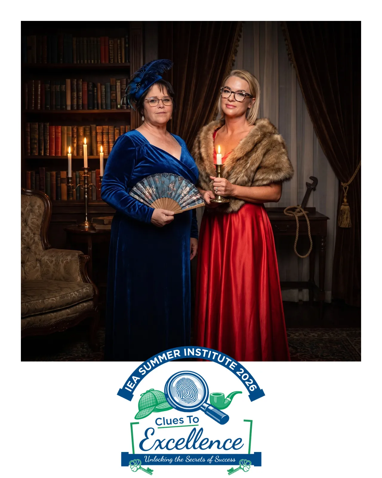 AI-enhanced photo of a woman in blue velvet holding a fan and a woman in red satin holding a candle