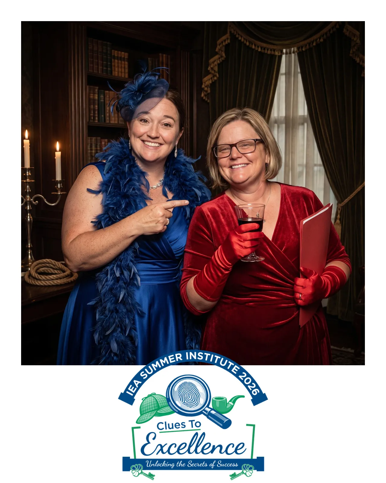 AI-enhanced photo of two smiling women, one in blue satin with a matching hat and boa and another in red velvet and red satin gloves