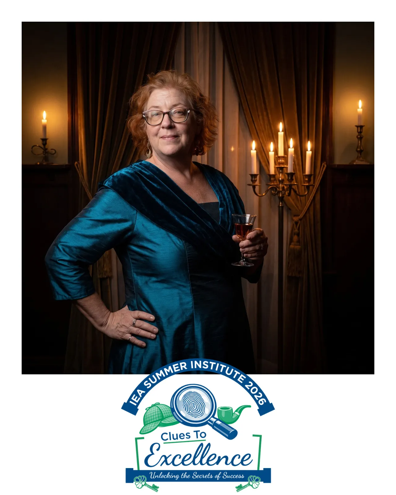 AI-enhanced photo of a woman wearing glasses and a teal satin dress