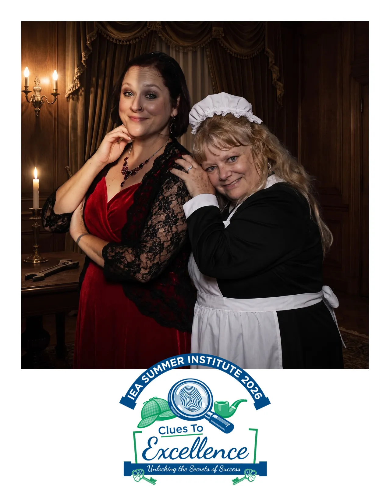 AI-enhanced photo of a woman in red velvet and another in a maid's outfit