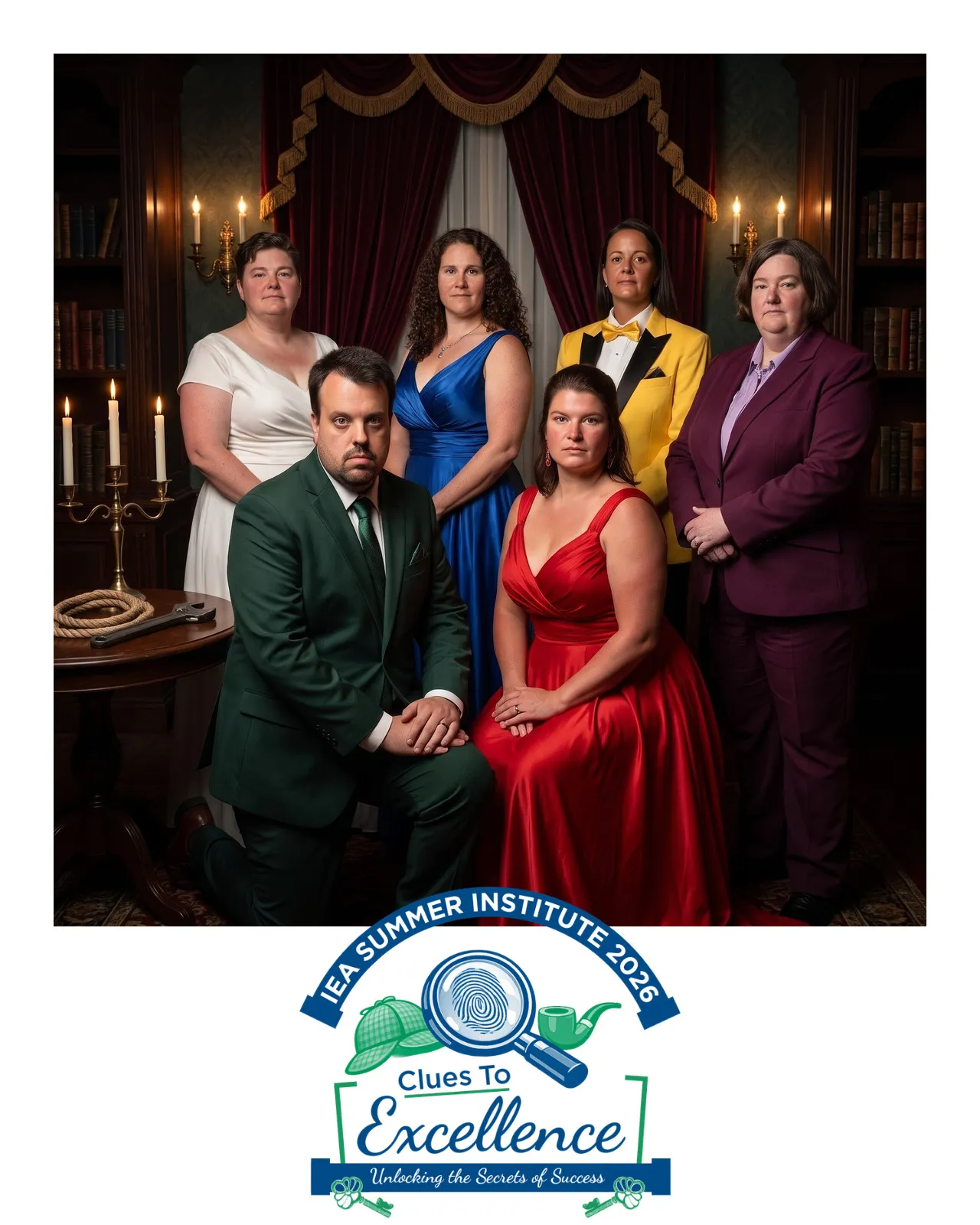 AI-enhanced photo of six people in fancy dress