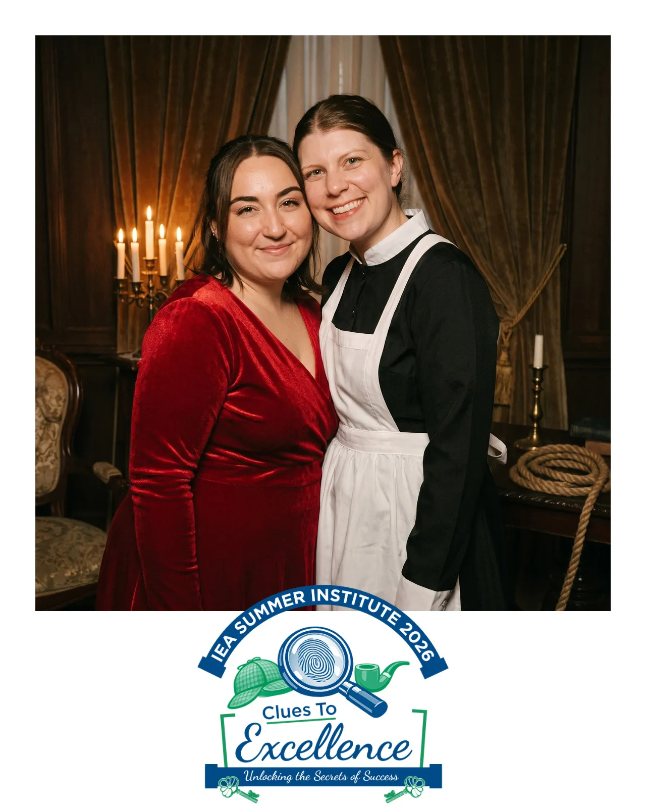 AI-enhanced photo of a woman in a red velvet dress with a woman in a maid's outfit
