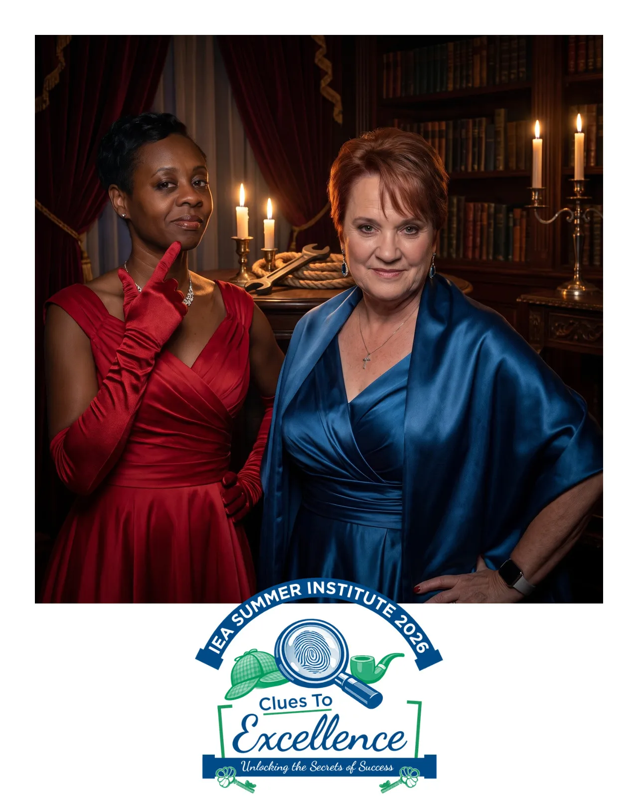 AI-enhanced photo of a woman in a red satin dress and another in a blue satin dress
