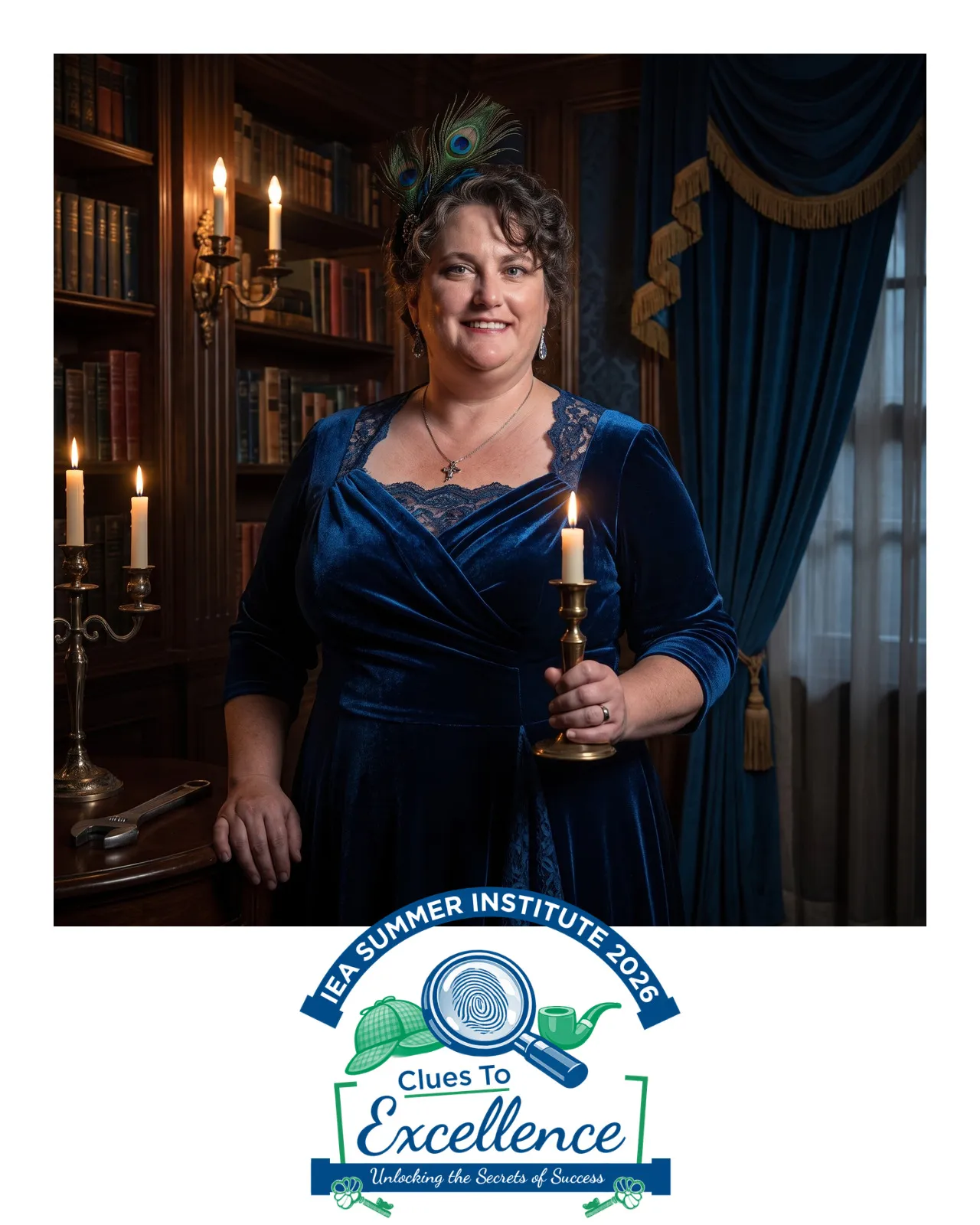 AI-enhanced photo of a woman in a blue dress with a candlestick
