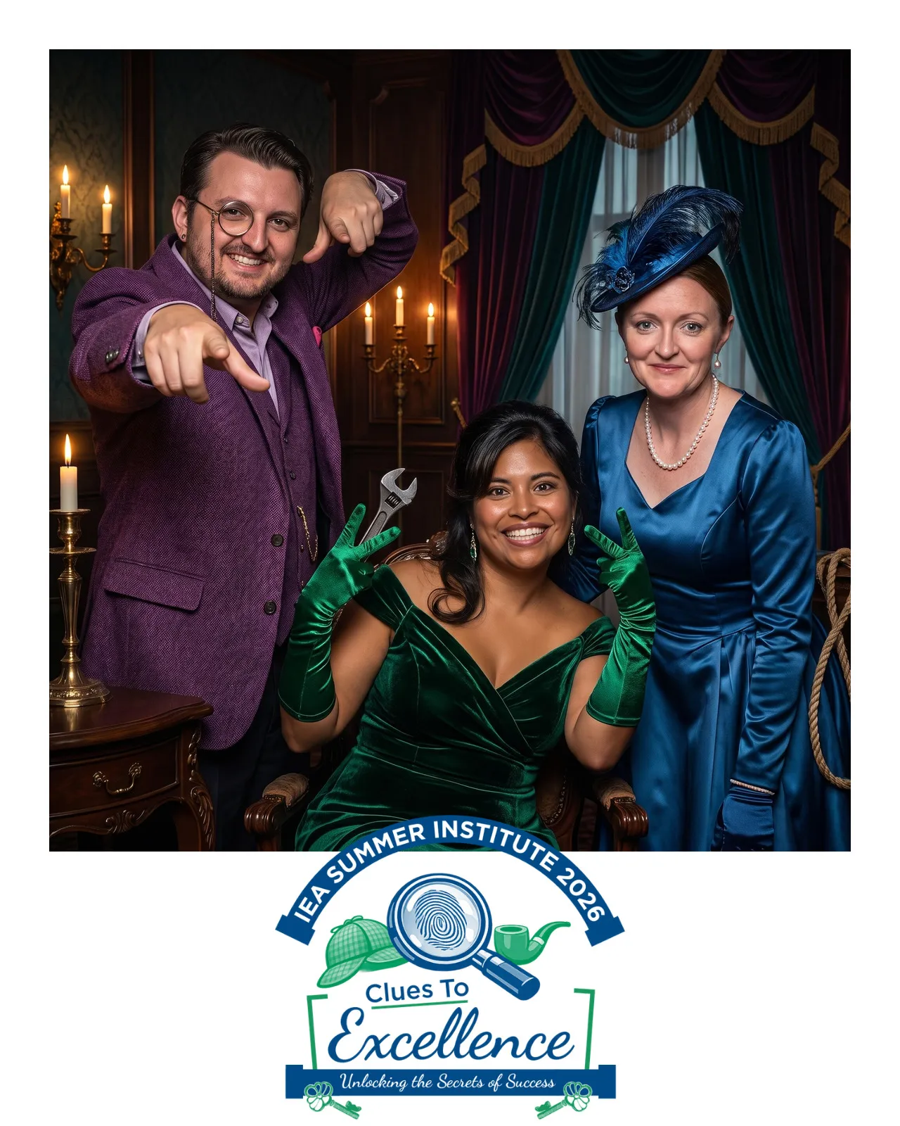 AI-enhanced photo of a man and two women in fancy dress