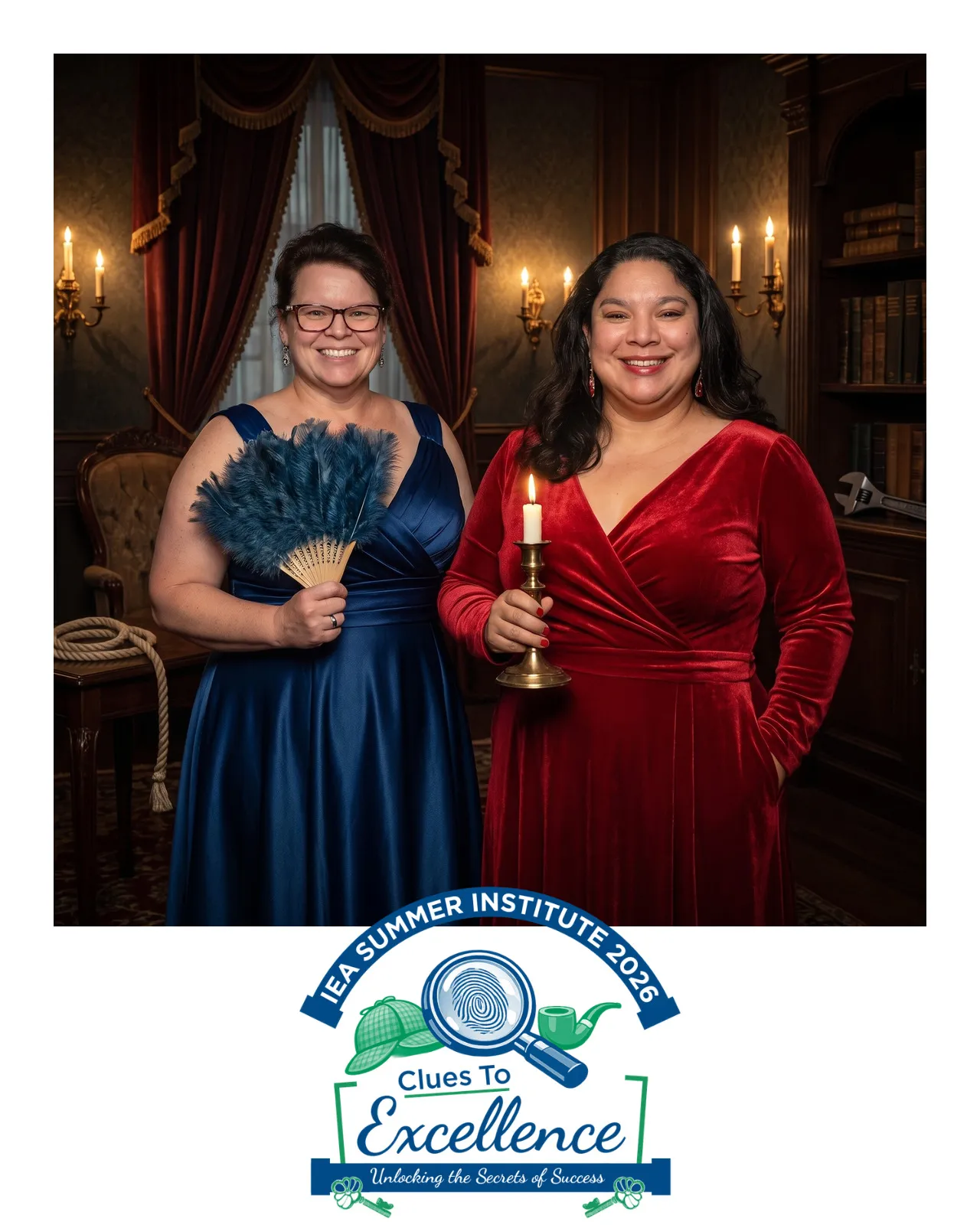 AI-enhanced photo of a woman in a blue dress with a fan and a woman in a red velvet dress with a candlestick