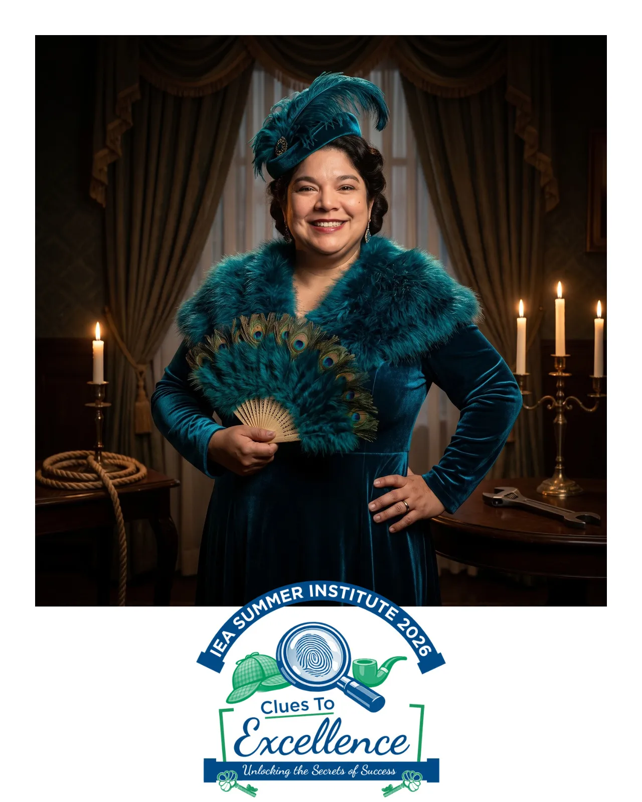 AI-enhanced photo of a woman in a teal dress, matching stole, hat and fan