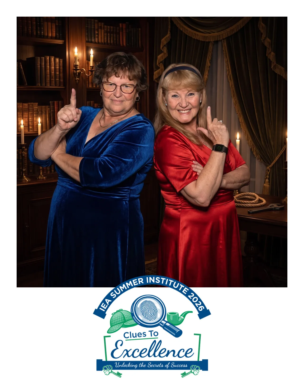 AI-enhanced photo of a woman in a blue dress and a woman in a red dress